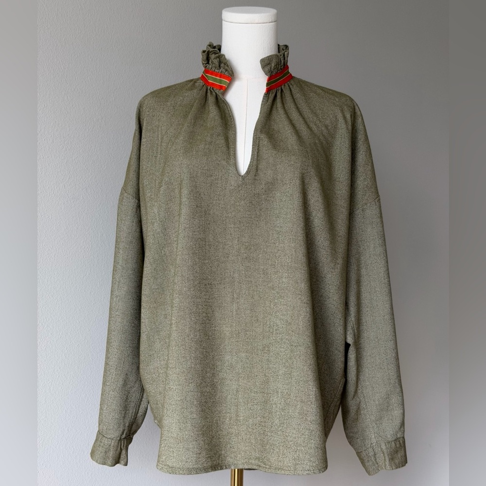 Ruffle Collar Olive Tunic Top with Red Trim